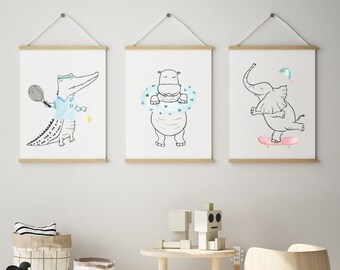 Sports nursery decor Set of 3, Baby boy sport nursery, Animal sport art, Tennis wall art, Skateboard print, Tennis nursery, Tennis print set