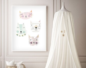 May include: A white framed print with four watercolor cat faces. The cats have pink, blue, and gray fur with gold accents. The print is hanging on a white wall next to a white canopy bed.