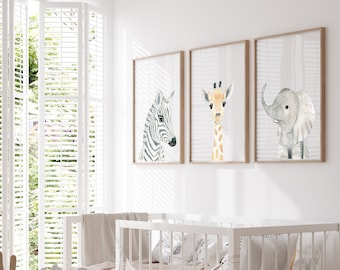 Safari Nursery Decor Set of 3, Nursery prints, Baby animal prints, Safari animals, Nursery wall art, Elephant Giraffe Zebra, Jungle nursery