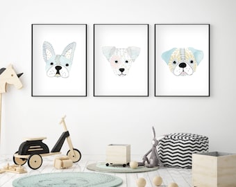 Puppy nursery decor, Set of 3 prints, Dog wall art, Dog nursery print, Baby room decor, Baby shower boy gift, Puppy prints, Dog breeds, Dogs