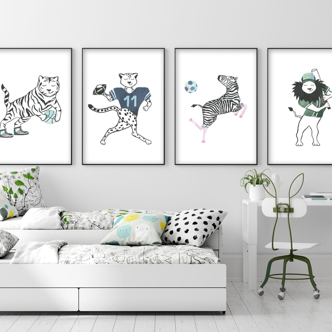 Sports Nursery Decor, Set of 4, Baby Animals Sport, Baby Boy Sports