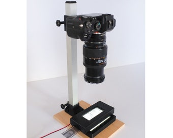 Complete 35mm DSLR Scanning Kit: Camera Copy Stand, 35mm Carrier, and LED Light Panel (+97 CRI)