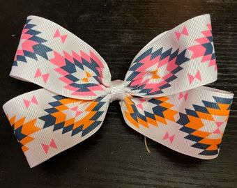 Girls Hair bow, Pink and orange aztec