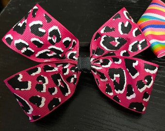 Girls Hair bow, Pink and black leopard