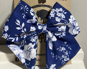 Girls fabric Hair bow, Brilliant Blue with White Flowers