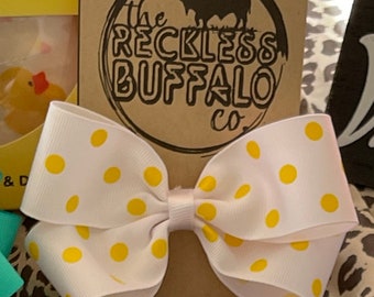 Girls Hair bow, Yellow and White polka dots
