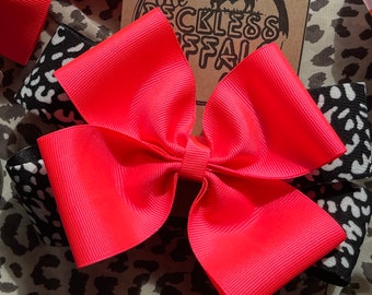 Girls Hair bow, Neon Pink and black leopard