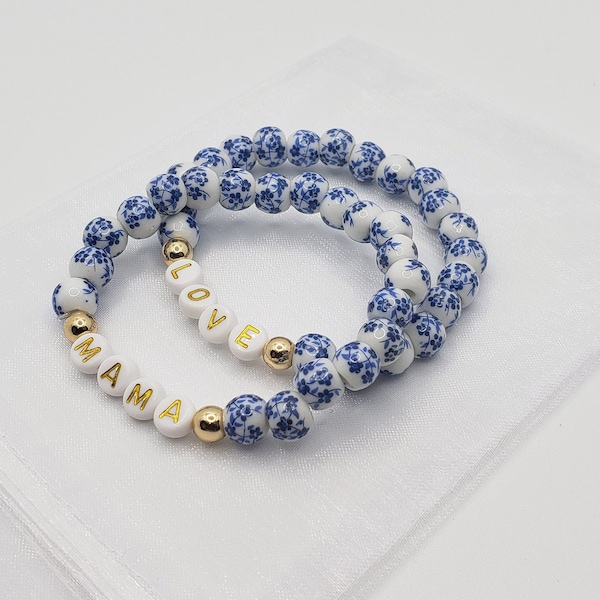 Blue Floral Porcelain Personalized Name Beaded Bracelet, Name Bracelet, Custom Word Beaded Bracelet, Mama Bracelet, Gift For MOm