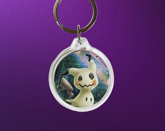 Mimikyu Card Keychain with Psychic Type Symbol and Strap