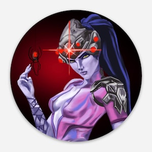 May include: A digital illustration of a female character with blue hair and a purple and white outfit. She is wearing a helmet with red lights and a spider is hanging from a web in the background.