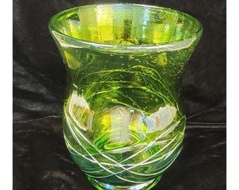 Vintage Mid-Century Modern Green Swirl Hand Blown Glass Vase