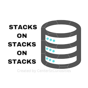 May include: A gray database icon with three layers, each containing three blue dots. The text "STACKS ON STACKS ON STACKS" is written in black above the icon. The text "Created by CenterStCuriosities" is written in black below the icon.