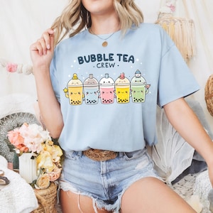 Chemise Kawaii Bubble Tea Crew - Joli t-shirt graphique Boba Friends, haut Boba drôle pour thé au lait pour filles, cadeau Kawaii pour les amateurs de boissons AA69