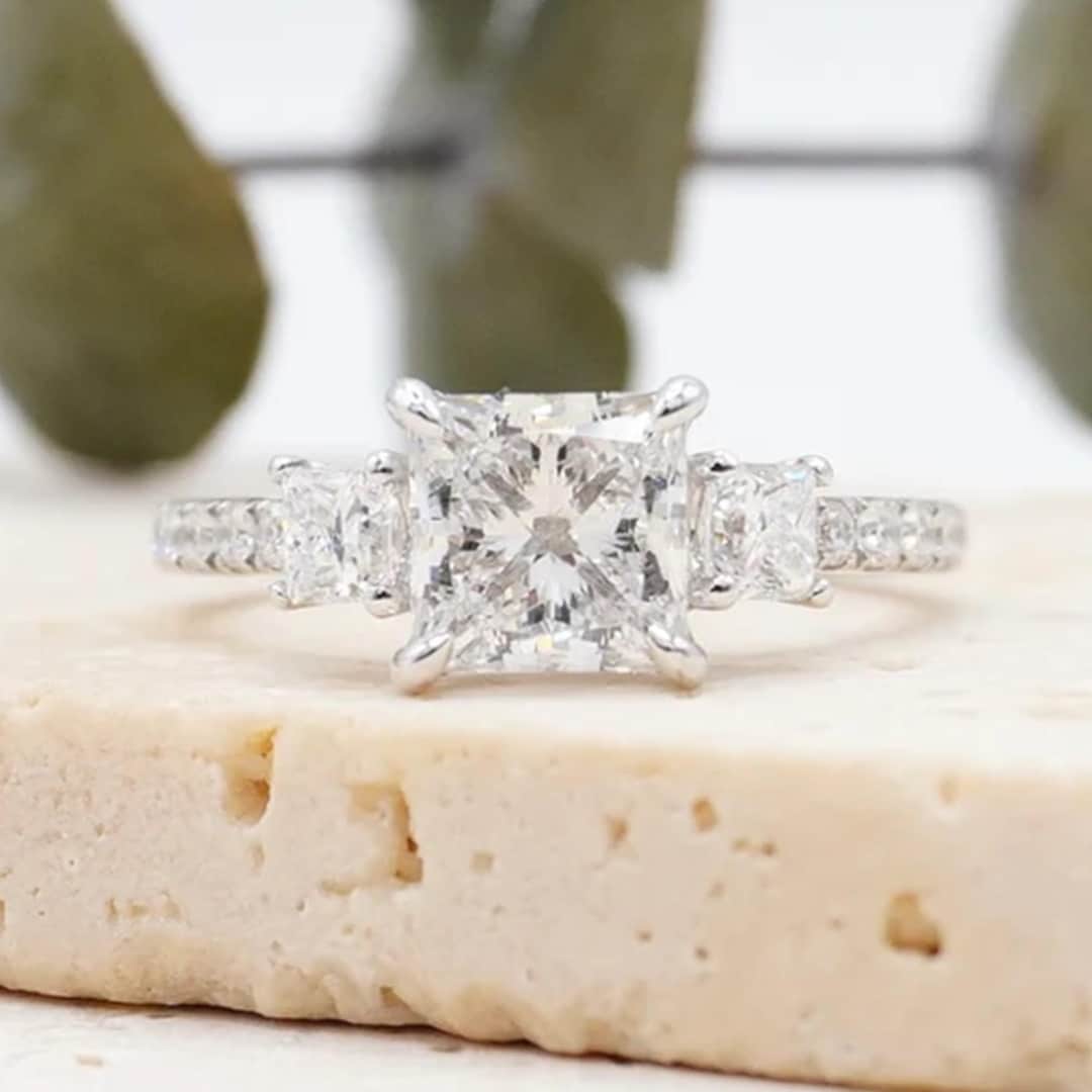 Princess Cut Lab Grown Diamond Three Stone Engagement Ring - Etsy