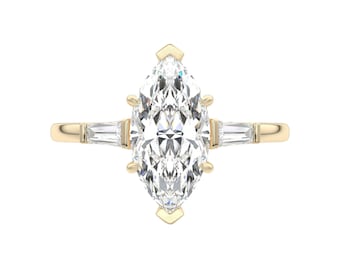 Marquise Cut Lab Grown Diamond Engagement Ring: Tapered Baguette, Gold/Platinum