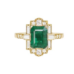 1.40 CT Emerald Cut Lab Grown Diamonds , Anniversary engagement ring For Women , Side Diamonds baguettes, carre, and round brilliant cut