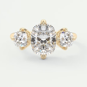Cushion Cut Lab Grown Diamond Three Stone Engagement Ring