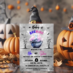 A Baby Is Brewing Halloween Gender Reveal Invitation Set, Instant digital download, editable and printable party template, He or She Party