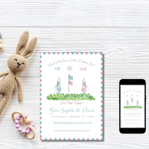 Golf Gender Reveal Invitation, What Will Our Little Caddie Be, Tee Time, Par-Tee Digital Editable and Printable template, Instant Download