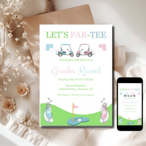 Golf Gender Reveal Invitation Set| LET&#39;S PAR-tee| Digital Editable and Printable Canva template, Instant Download, boy or girl party