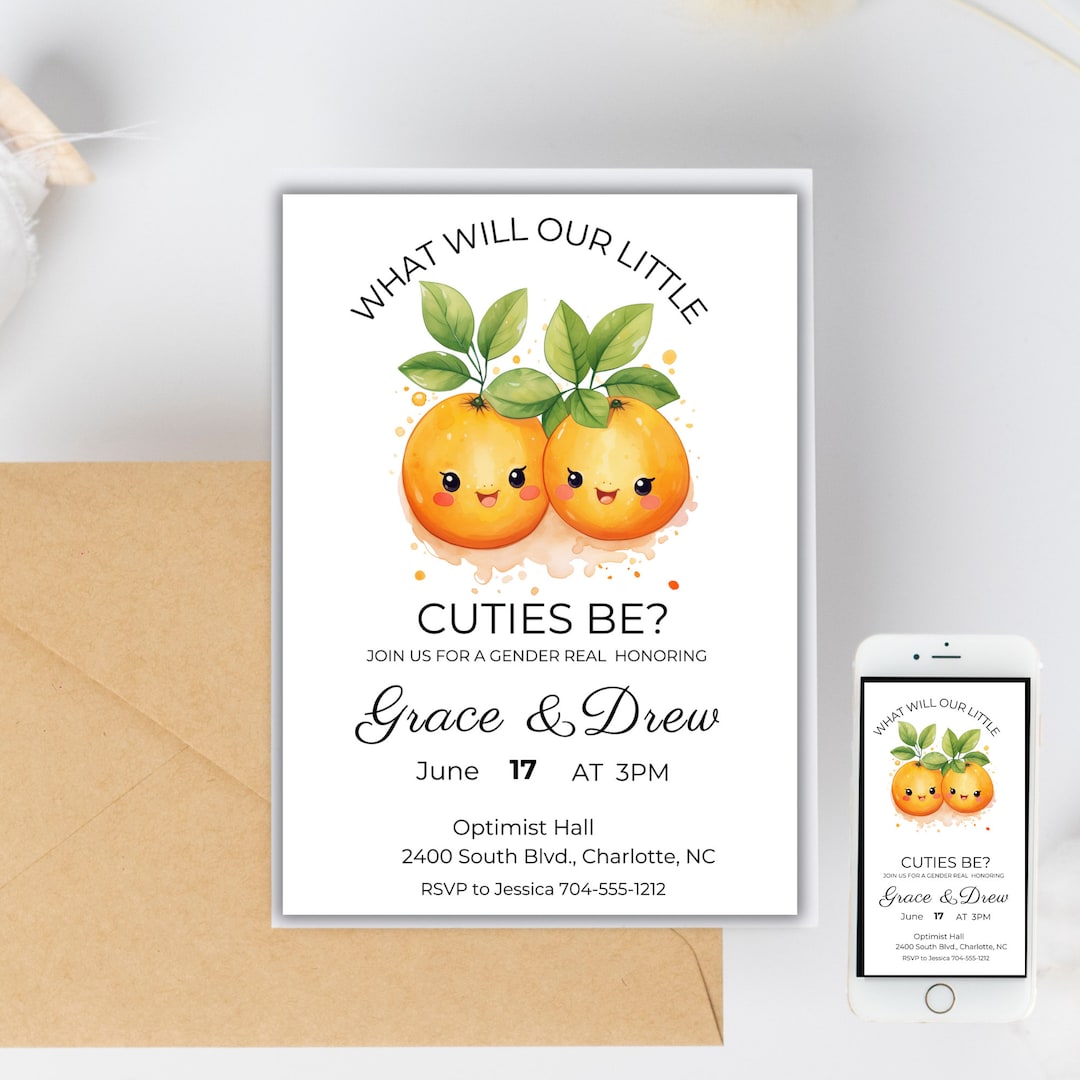 Little Cuties Gender Reveal Invitation Citrus Twins Invite Editable and Printable Invitation