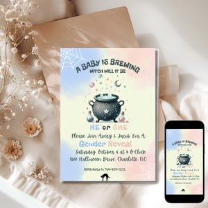 A Baby Is Brewing Halloween Gender Reveal Invitation Set, Instant digital download, editable and printable party template, He or She Party