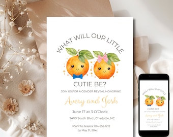 Little Cutie Gender Reveal Invitation Boy or Girl Baby Reveal Idea Editable Canva Template Instant Digital Download