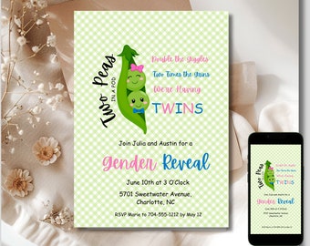 Twins Gender Reveal Invitation Set: Two Peas in a Pod (Printable & Digital)