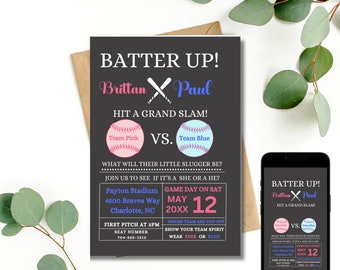 Baseball Gender Reveal Invite| evite|What Will Little Slugger Be| digital editable printable invitation| electronic| Team Pink Vs Team Blue