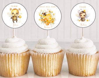 Bee Cupcake Toppers| What Will Baby Bee Cupcake Toppers| Instant download| Printable toppers| Gender Reveal Party Decor| He or She toppers