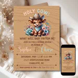 Highland Cow Gender Reveal Invitation: Western Theme (Digital)
