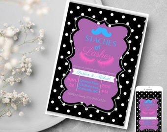 Staches or Lashes Gender Reveal Invitation| Editable and printable template| boy or girl|digital evite|gender reveal party invitation