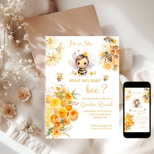 Bee Gender Reveal Invite and Evite| What Will Baby Bee, Bumble Bee Invitation, Digital Editable and Printable Instant Download, He or She