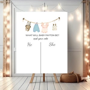 Baby Clothes Gender Reveal Voting Sign, He or She voting board, Digital Editable and Printable sign, Gender Reveal Guessing game, Boho Theme