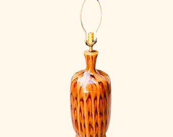 Mid Century Red Orange Pottery Table Lamp Drip Lava Glaze Wood Base 28” 35” Harp