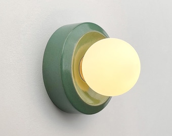 Handmade Green Ceramic Wall Lamp, Minimalist Lighting, Round Sconce