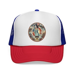 May include: A red, white, and blue trucker hat with a patriotic design. The front panel is white with a circular graphic featuring the Statue of Liberty, an eagle, and the text "America's 250th Birthday - A Tribute to Freedom."