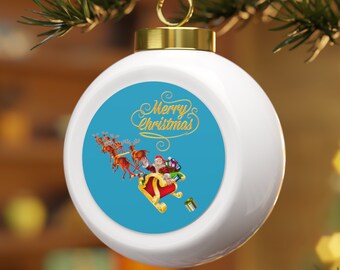 The Santa Claus And His Flying Reindeer On Christmas Ceramic Ornament Is A Lovely Way To Add A Traditional Touch To Your Holiday Decorations