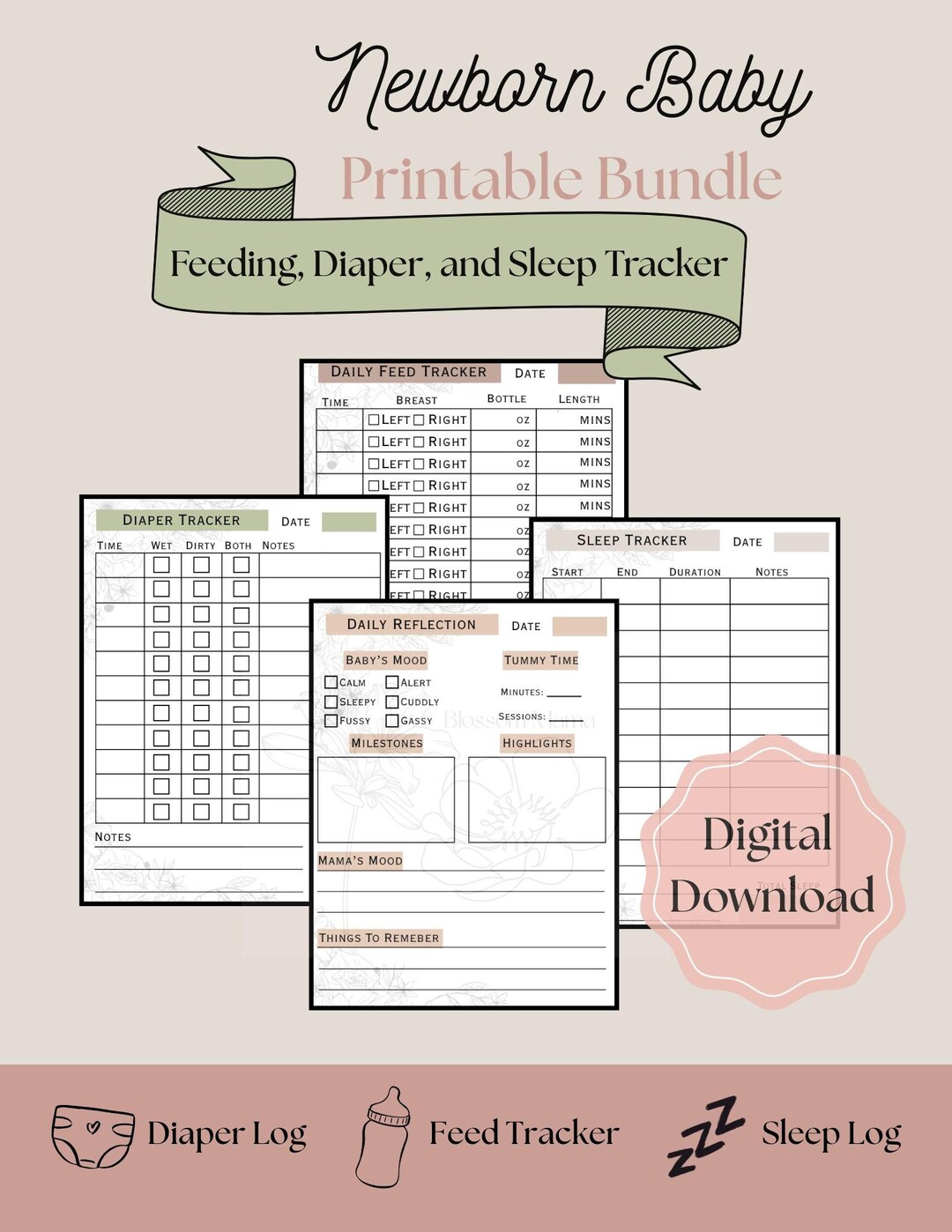 Newborn Baby Tracker Printable Bundle – Feeding, Diaper & Sleep Log ...