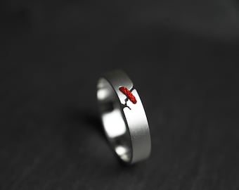 JuCi Red 5 mm | Bague géométrique moderne | Bague simple pour tous les jours | Alliance | Bague géométrique tendance | Bague unisexe | Bijoux Wabisabi