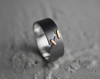 Bague JuCi 7 mm Duo Dark avec diamant | Bague d'anniversaire | Bague simple pour tous les jours | Bague | Alliance | Bijoux Wabi Sabi | Homme et femme