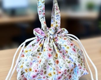 Floral Bento Bag, Handmade Drawstring Pouch, Reusable Snack & Lunch Bag, Purse Organizer, Cute Gift