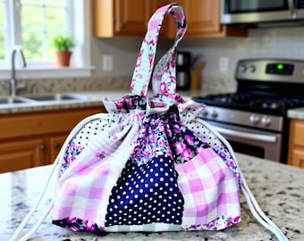 Patchwork Bento Bag, Drawstring Lunch Bag, Reusable Gift Bag, Pink Floral Everyday Pouch
