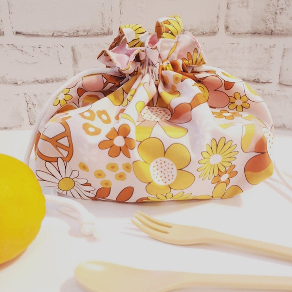 Girls washable lunch bag, Boho lunch bag, Retro flower Bag for Bento box, Kinchaku bag, Kawaii tote bag, drawstring bag, girls birthday gift