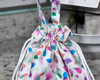 Drawstring Lunch Bag with Handles, Japanese Kinchaku Style, Watercolor Petal Print, Travel Organizer Bag, Small Bento Snack Bag