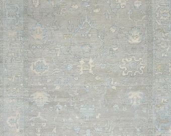 Hand-knotted Wool Oushak Rug, Sky Blue Accent, Modern Farmhouse Style