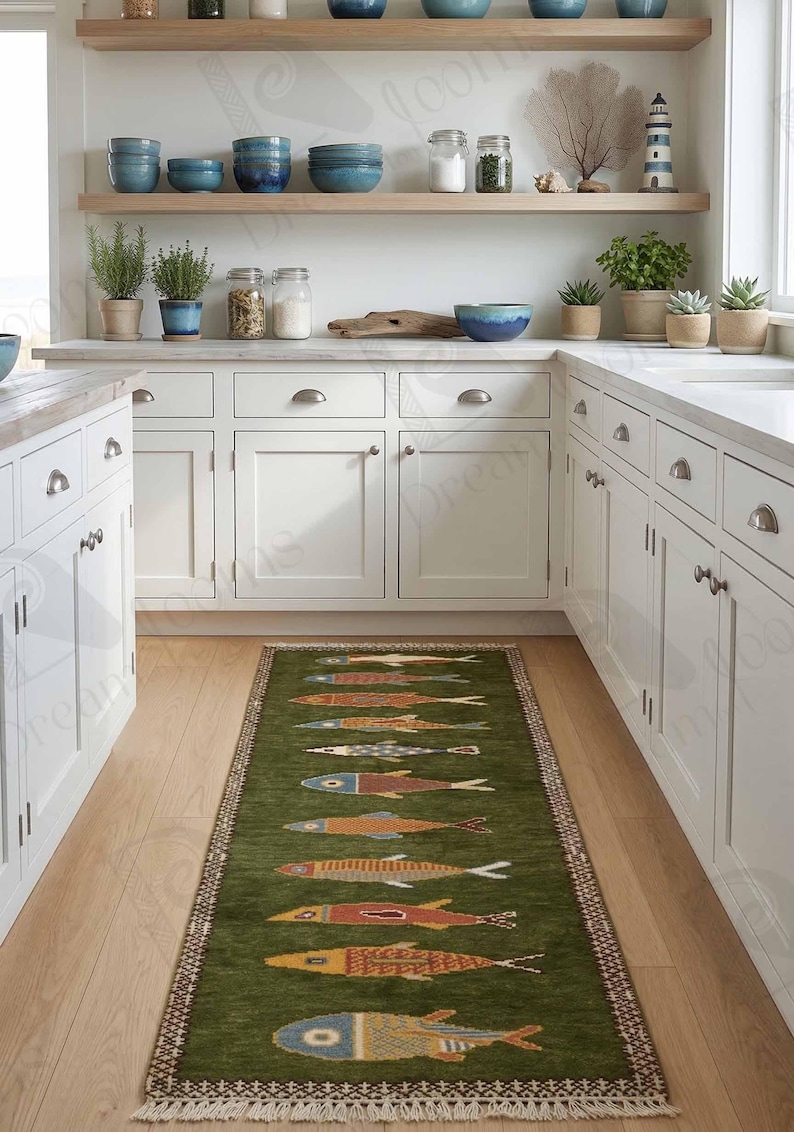 May include: A green rectangular rug with a repeating fish pattern in various colors, including orange, blue, and yellow. The rug is placed on a wooden floor in a kitchen setting, with white cabinets and shelves in the background.