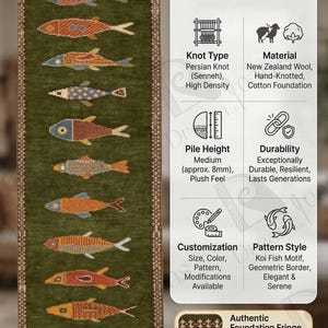 May include: A rectangular green rug with a repeating pattern of colorful fish. The rug features a geometric border and is made of New Zealand wool with a hand-knotted cotton foundation. The pile height is approximately 8mm.