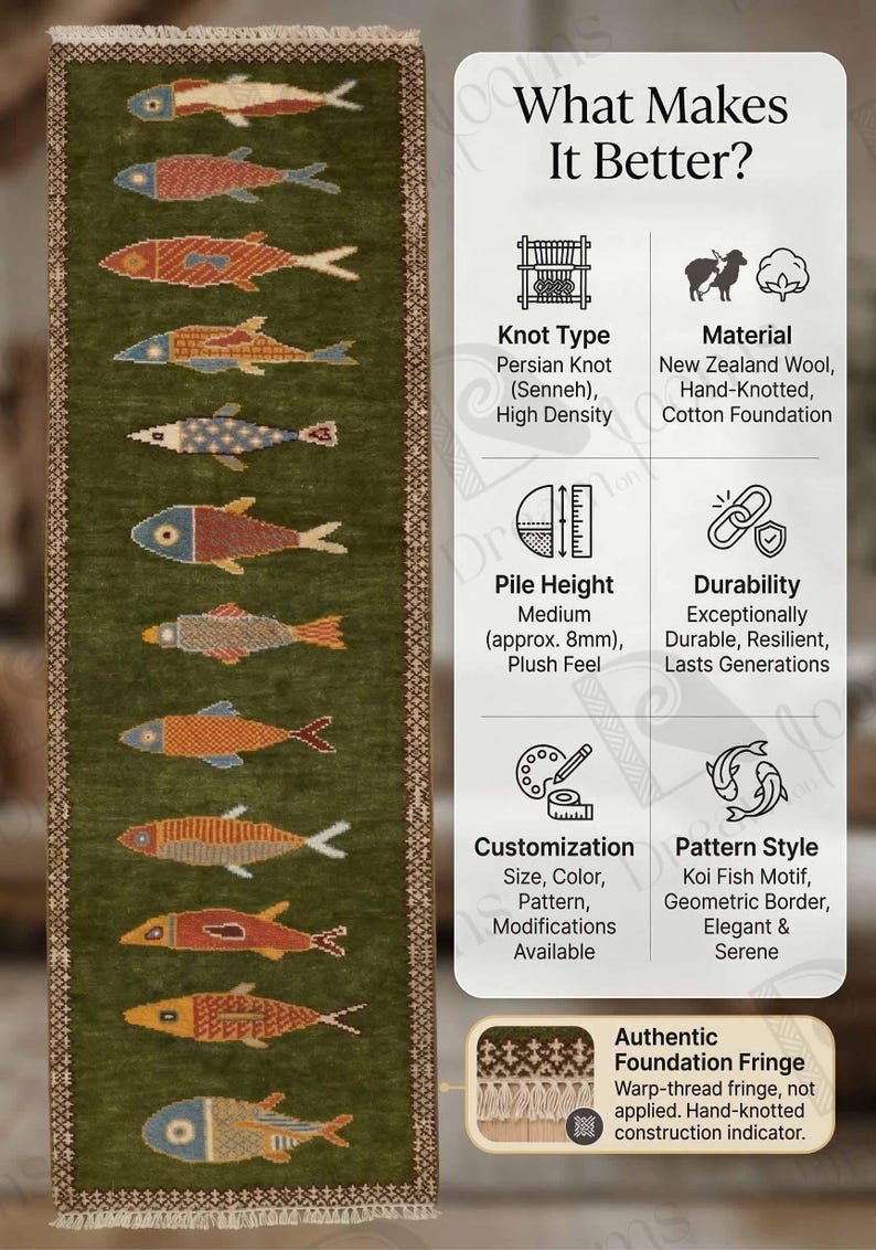 May include: A rectangular green rug with a repeating pattern of colorful fish. The rug features a geometric border and is made of New Zealand wool with a hand-knotted cotton foundation. The pile height is approximately 8mm.