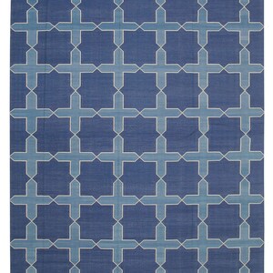 Handmade Blue Geometric Dhurrie Rug, Modern Cotton Flatweave Area Rug, Trellis Pattern Custom Living Room Bedroom Rug